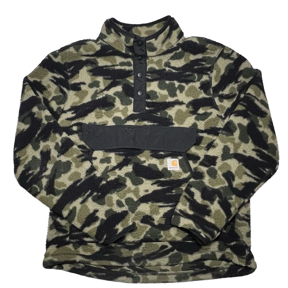 CARHARTT Relaxed Fit Fleece 1/4 Snap Pullover Font Pocket Camo Jacket SZ Small